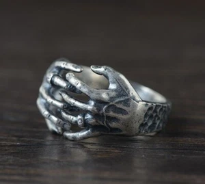 925 Sterling Silver Men's Gothic Skull Skeleton Hand VINTAGE ring rings A4301 - Picture 1 of 7