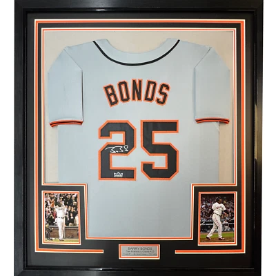 Camiseta deportiva autografiada facsímil enmarcada Barry Bonds 33x42 gris reimpresión láser Foto 1 de 2