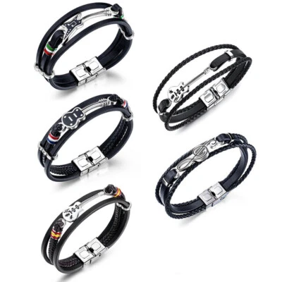 Mens Leather Bracelet Braided Wristband Wrap Bangle Surfer Stainless Steel Clasp - Image 1 of 4