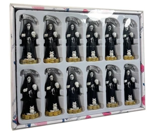 4 Zoll Heiliger Tod Sensenmann Totenkopf Figur Set 12 Stck. Schwarze Farbe Santa Muerte - Bild 1 von 1