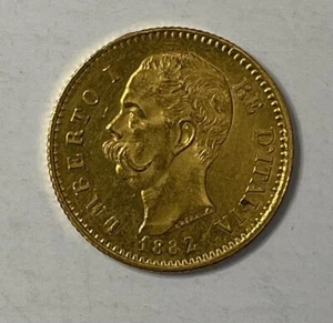 1882 Umberto I Re D'Italia King Italy 20 L Lire Gold Coin Crowned Shield Wreath - Picture 1 of 3