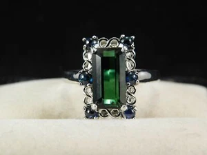 2.45 Ct. Emerald Cut Tourmaline & Cabochon Sapphire Ring Sterling Silver - Picture 1 of 8