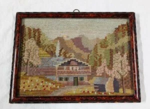 Small Vintage Framed Petit Point Embroidery Needlepoint Victorian Cottage - Picture 1 of 4