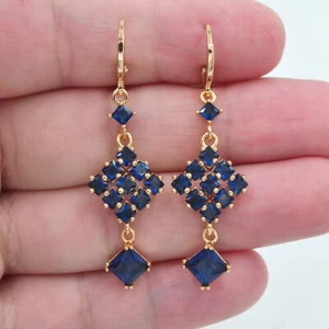 18K Yellow Gold Filled Women Blue Mystic Topaz Square Blocks Dangle Earrings - Picture 1 of 1