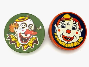 2 Vintage Tin Litho Clown Noisemakers Round Spinning 4" Kirchhof Metal Toy Co - Picture 1 of 8