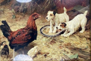 Cuadro de pollo y perros Dennis Daniels Co. en marco colgante o independiente - Imagen 1 de 9
