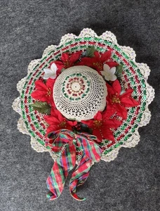 Starched Crocheted Bonnet Hat with Christmas Bow and Flowers for Hanging - Picture 1 of 2