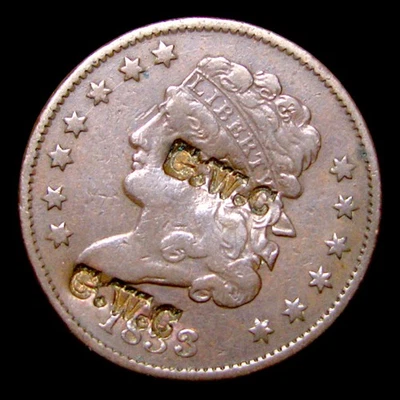 1833 Classic Head Half Cent 1/2 Penny GWC Counterstamp - Nice Coin ---- #701M - Image 1 of 2