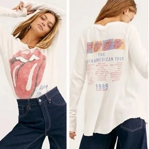 NWT Daydreamer Free People Rolling Stones Longsleeve Thermal Tshirt White Size M - Picture 1 of 9