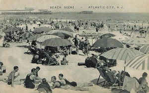 Postcard Beach Scene Umbrella Sun Bathing Ocean Pier Atlantic City New Jersey - Picture 1 of 3