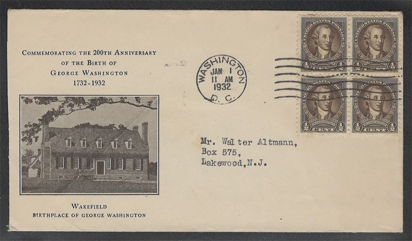 UNITED STATES SCOTT#704 BLOCK OF FOUR ON 1ST RICE CACHET FIRST DAY COVER - Image 1 of 1