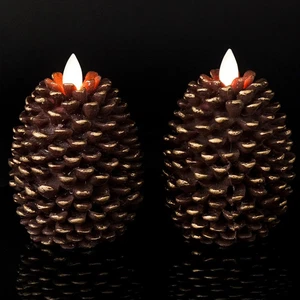 Flameless Candles with Timer, Battery Operated Flickering Wick Real Wax Pine Con - Picture 1 of 12