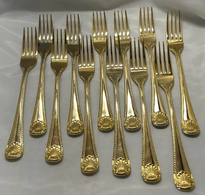 Reed & Barton Gold Electroplate 12pc Shell Rope Dinner Fork Set Made in Japan - Image 1 of 4