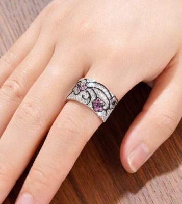 2 CT Simulated Pave Set Pink Ruby & White Sapphire Flower Design Engagement Ring - Image 1 of 4