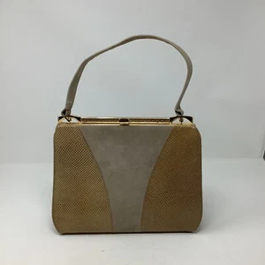 VTG 1950s Handbag Purse Kelly Made By Elbief In England Tan Suede Faux Snakeskin - Picture 1 of 12