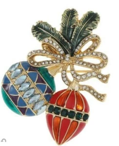 Monet Christmas Ornaments Brooch Pin Signed Holly Bow Glittery Figural NEW w Box - Picture 1 of 3