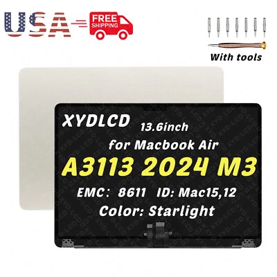 13" for Macbook Air A3113 2024 M3 EMC8611 LCD Screen Complete Assembly Starlight - Image 1 of 4