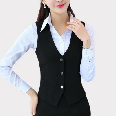 Women Business Work Suit Vest Sleeveless Slim Fitted Waistcoat Gilet Tuxedo Coat - Image 1 of 4