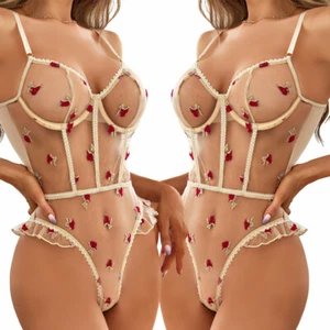 Women's Sexy Lingerie One Piece Floral Push Up Bodysuit Babydoll Lace Sleepwear - Picture 1 of 17