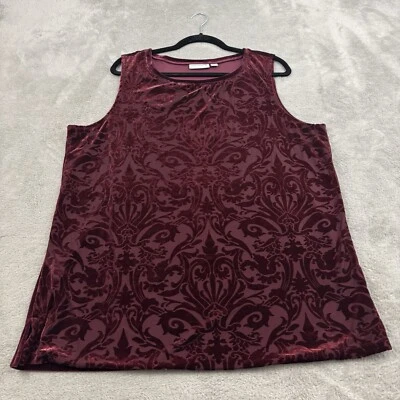 Susan Graver Velvet Burnout Sleeveless Tunic Top Womens 1X Wine Red Floral Plus - Image 1 of 4