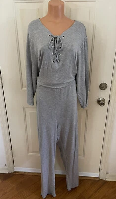 蓝色兰花,加大尺寸 3X,超软,灰色连身裤,带弹性腰围和前领带新品 — 第 1/4 张图片