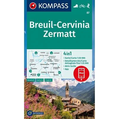Italy + Switzerland Breuil-Cervinia Zermatt Kompass hiking cycling skiing map 87 - Image 1 of 4