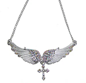 Angel Wing And Cross Necklace With Sparkling AB Crystals - Picture 1 of 4
