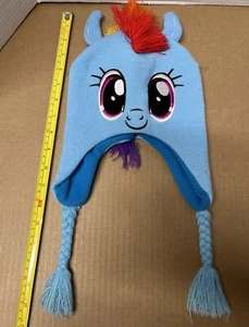 My Little Pony Blue Rainbow Dash Knit Beanie Hat Cap Braided Tassels Youth L5 - Picture 1 of 4