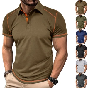 Men Solid Short Sleeve Shirts Blouse Casual Turn Down Collar T-Shirts Summer Tee - Picture 1 of 29