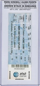 Manu Ginobili 10K PTS MILESTONE Bynum 30 REB 2012 Spurs Lakers 4/11 Full Ticket - Picture 1 of 12