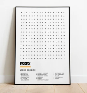 Essex Wordsearch Style Kunstdruck A3 A4 gerahmte oder ungerahmte Wandkunst - Bild 1 von 2