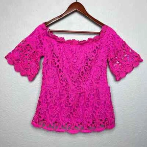 Banjul Size Large Pink Crochet Lace Overlay Slightly Off Shoulder Top - Picture 1 of 10