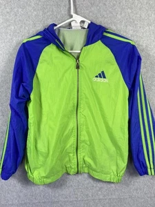 Adidas Jacket Youth Large Green Blue Hooded Windbreaker Nylon Mesh Lined Pockets - Picture 1 of 9