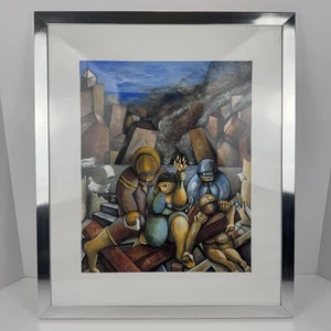 9/11 Tribute gerahmter Kunstdruck NYC Firefighter NYPD moderner kubistischer Stil 17”x20” - Bild 1 von 19