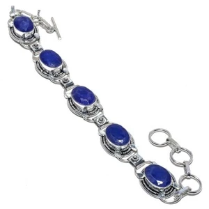 Blue Sapphire Gemstone 925 Sterling Silver Bracelet 7-8" M563 - Picture 1 of 5