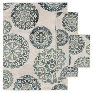 Teal Medallion Pattern 3 PCS Indoor Area Rug Set Stain and Fade Resistant Indoor - Picture 1 of 24