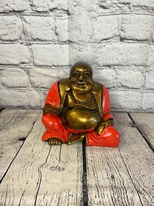 Red & Bronze 15cm Medium Chinese Buddha Sitting On Lotus Statue Resin Hindu - Picture 1 of 8