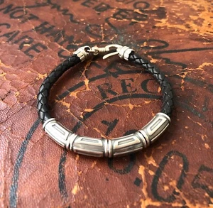 925 sterling silver tube leather bracelet artisan handmade bangle 5 thick men - Picture 1 of 4