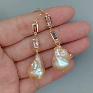 Pink Cultured Keshi Pearl Cz pave Chain Dangle Hook Earrings - Picture 1 of 4