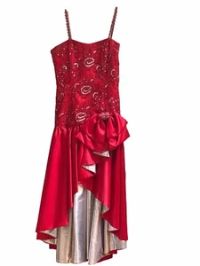 Vestido de noche vintage años 90 hecho a mano rojo satinado graduación con cuentas lentejuelas - Imagen 1 de 8