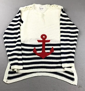 Venus Sweater Womens Large Ivory Blue Striped Long Sleeves Button Up Anchor - Picture 1 of 11