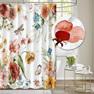 Blooming Red Yellow Floral Shower Curtain Butterflies Watercolor 71x71 Inch - Picture 1 of 7