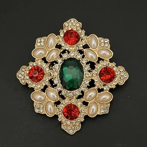 Renaissance Revival Brosche Anstecknadel Kunstperle goldfarben rot grün Glas Kristall - Bild 1 von 5