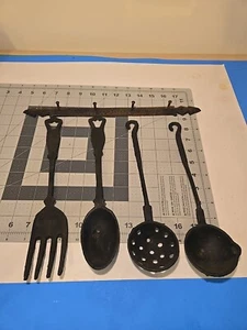VTG 5 Pc Cast Iron Hanging Kitchen Utensil Set Spoon Fork Ladle Strainer Farm - Picture 1 of 9