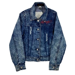 Ed Hardy Denim Jacket Kids Girls Size M 8/10 Blue Trucker Floral Hearts Y2K - Picture 1 of 10
