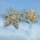Vintage Lot Of 2 Rhinestone Snowflakes Clear & Iridescent Stones Yellow Glitter