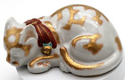 Kutani Japanese Ceramic Sleeping Cat Figurine Gold & White