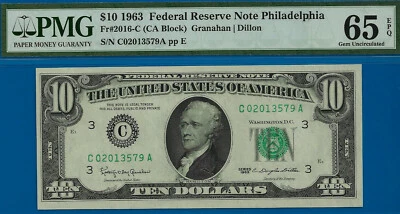 1963 $10 Federal Reserve Note PMG 65EPQ wanted Philadelphia Fr 2016-C - Image 1 of 2