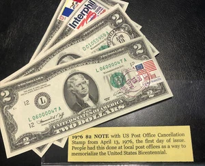 1976 Two Dollar ($2) Bill Uncirculated Consecutive Sequential Cancellation Stamp - Picture 1 of 5
