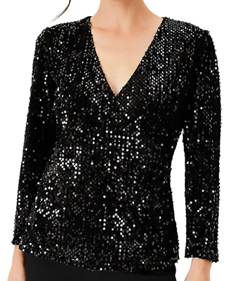 NEW ANN TAYLOR BLACK SEQUIN WRAP TOP SIZE SMALL - Image 1 of 4